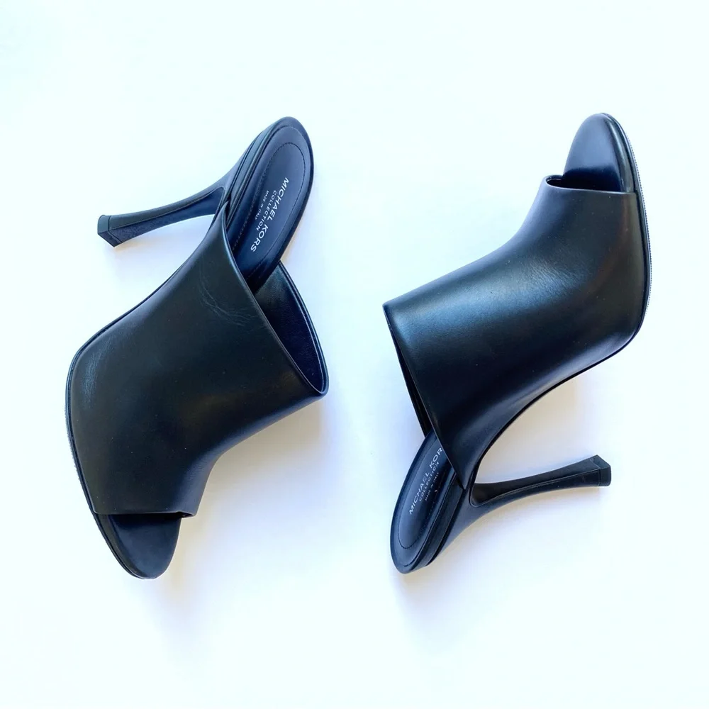 MICHAEL KORS COLLECTION BLACK LEATHER TINA RUNWAY SLIDE HEEL MULES - Picture 3 of 11